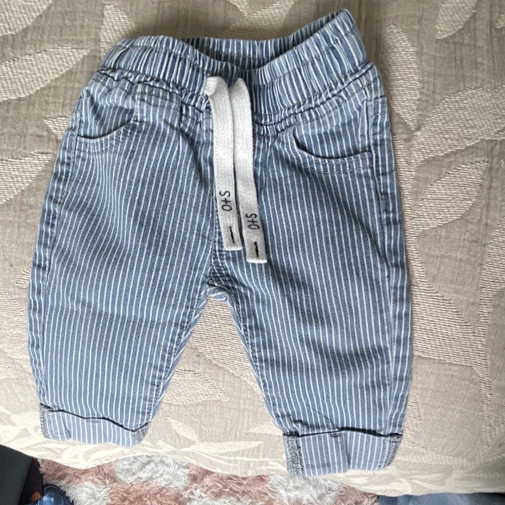 Olive + Scout Unisex Baby Jogger Pants Blue/White Striped 6-12M Drawstring